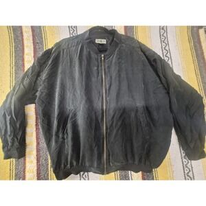 Robert Stock Silk Black Jacket Bomber Mens Large Oversized Vintage Zip Up